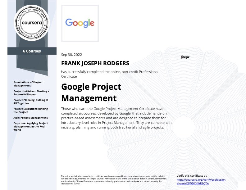 Google Project Management Certificate: Frank Rodgers