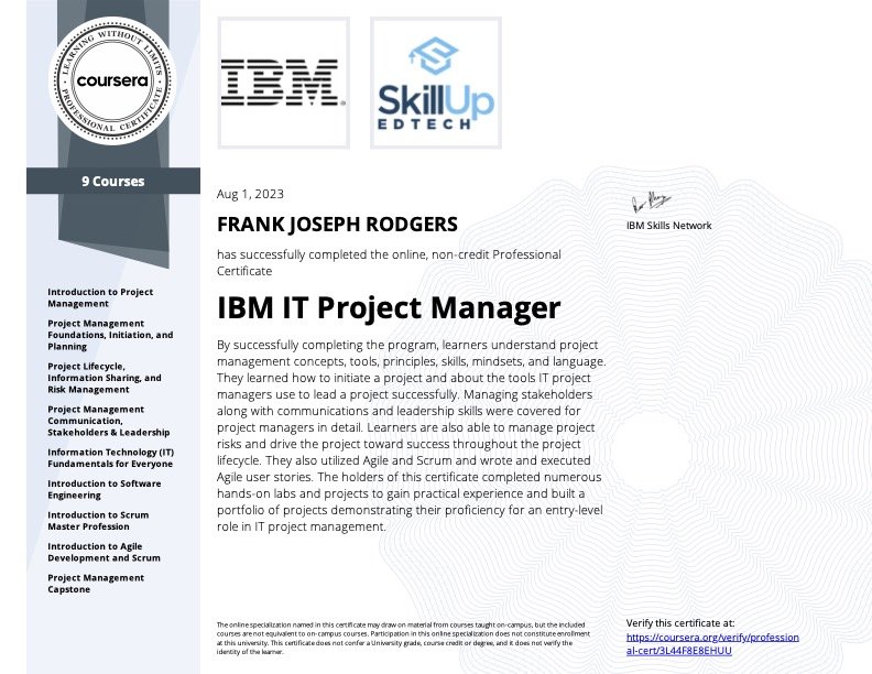 IBM IT Project Management Cert - Frank Joseph Rodgers