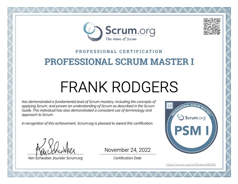 Professional-Scrum-Master certificate Frank Rodgers