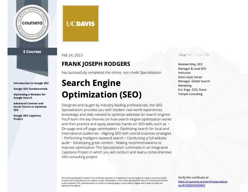 Search Engine Optimization (SEO) Certificate Frank Rodgers