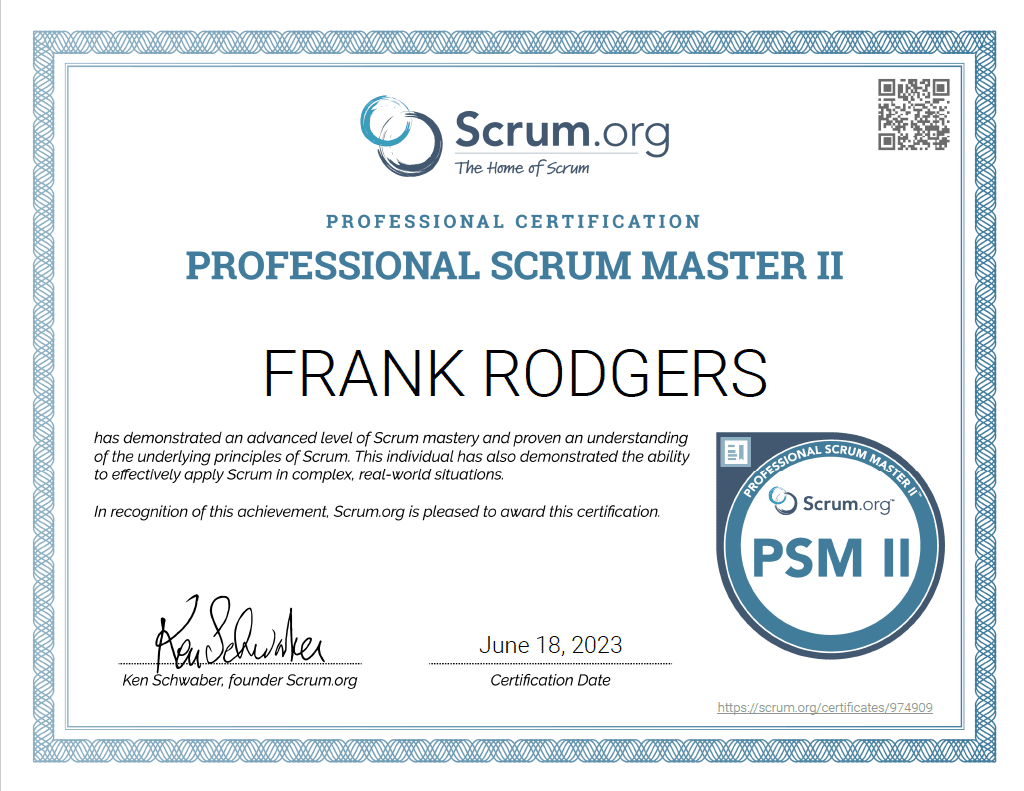 PSM II Certificate - Frank Joseph Rodgers