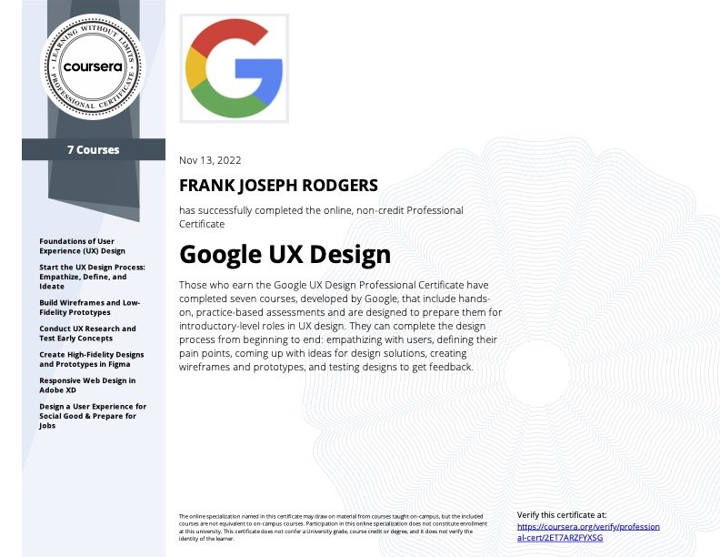 UX certificate: Frank Rodgers